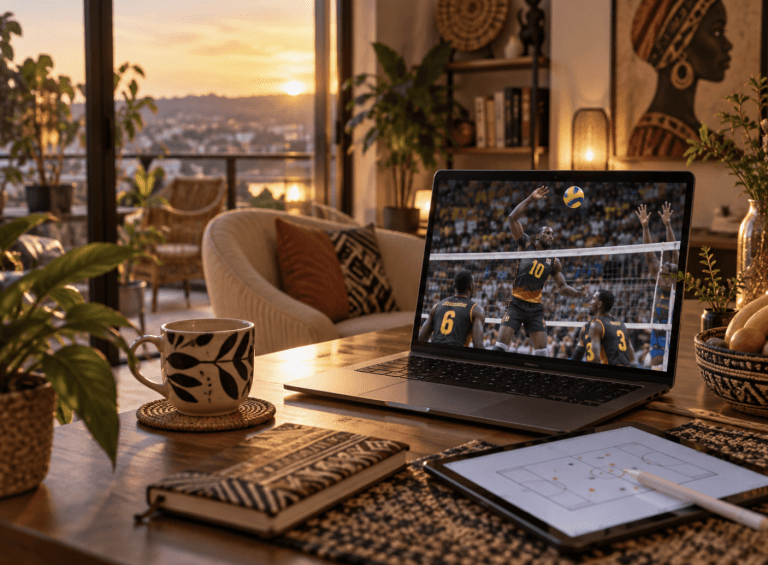Laptop showing a volleyball match beside a notebook in a cozy room at golden hour.
