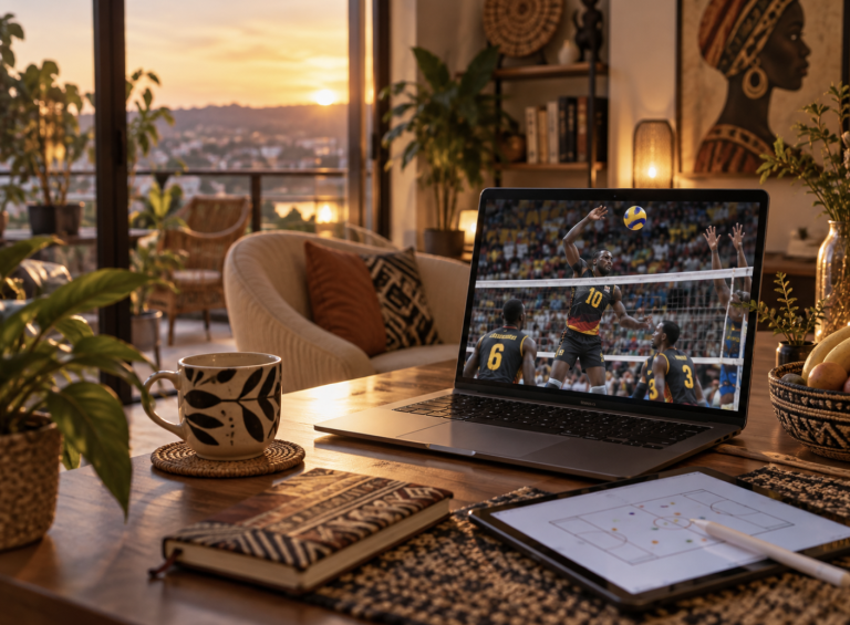 Laptop showing a volleyball match beside a notebook in a cozy room at golden hour
